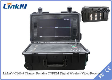 COFDM スーツケースビデオ受信機 4チャネル IP65 バッテリー&amp;ディスプレイ AES256 H.264 DC 12V